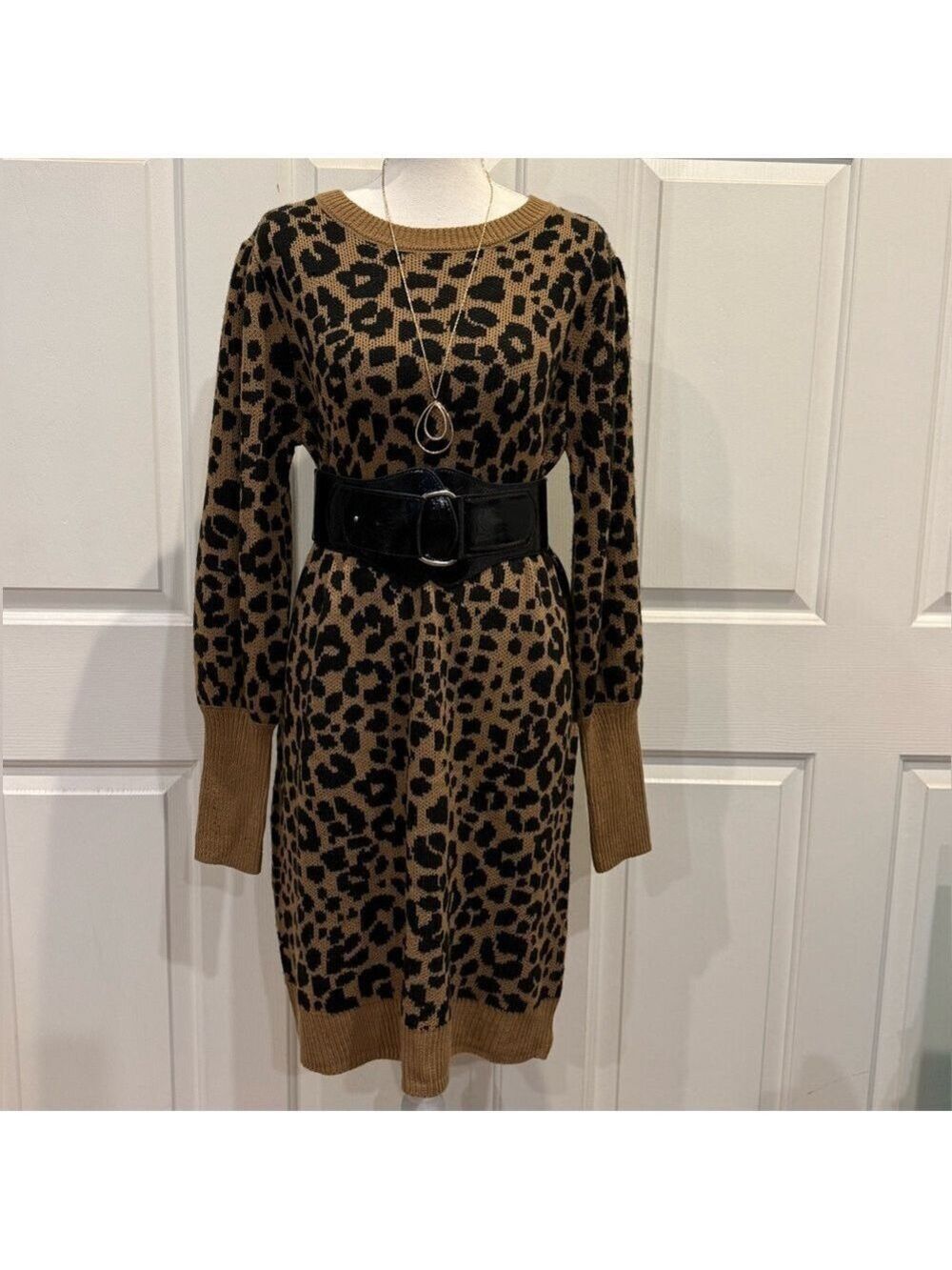 Leopard Print Sweater Dress Camel Black Long Sleeve Knit Dress Large - Picture 4 of 6